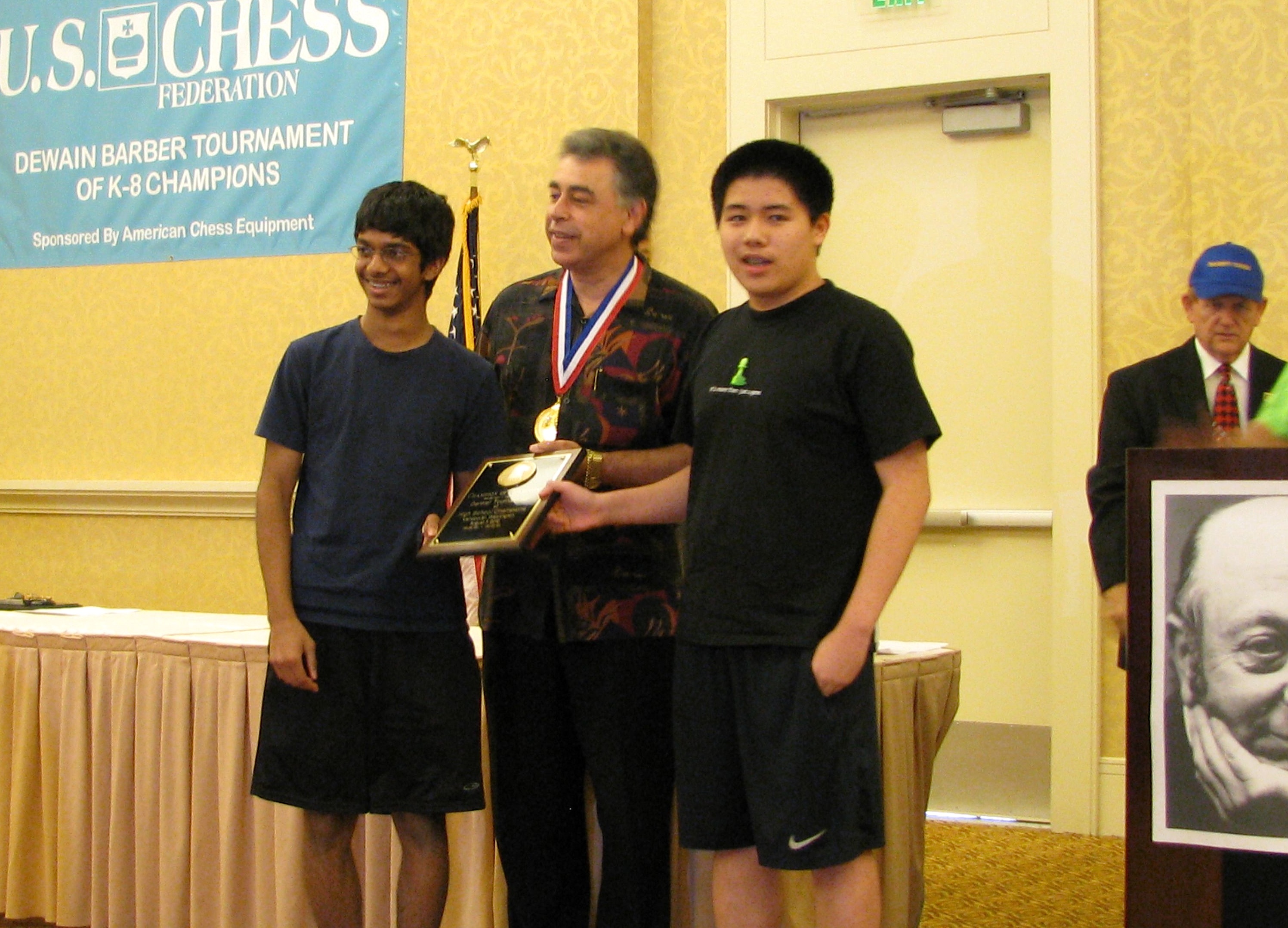 2012 Dewain Barber Tournament of K-8 Champions: Clear First for Texas Atulya Shetty, GM Yasser Seirawan and Darwin Yang (l-r)