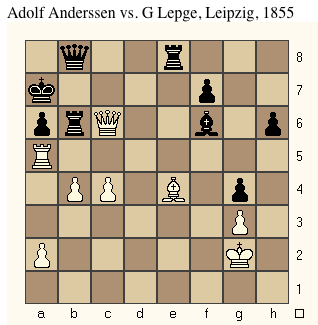 WHITE TO MOVE - MATE IN 3  / Adolf Anderssen vs G Lepge, Leipzig 1855 / W T Harvey / 
