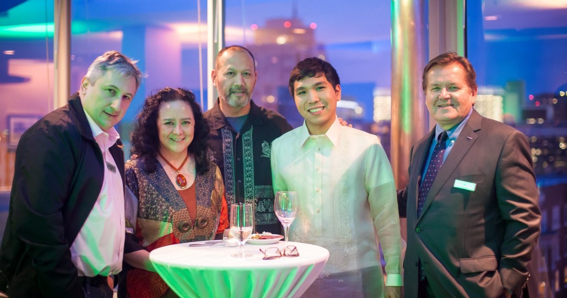 Second ever Samford winner GM Max Dlugy, Lotis Key, 30th Samford fellow Wesley So, Renato Kabigting, and US Chess Trust Managing Director Al Lawrence, Photo Eric Rosen