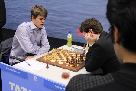 Carlsen, Magnus vs. L'Ami, Erwin, Day 10, 2013 Tata Steel Chess Tournament, Photo Courtesy Official Website www.tatasteelchess.com