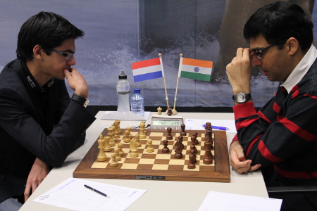 Giri vs. Anand, Day 2, 2013 Tata Steel Chess Tournament, Photo Courtesy Official Website www.tatasteelchess.com