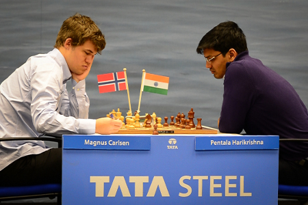 Carlsen vs. Harikrishna, Day 4, 2013 Tata Steel Chess Tournament, Photo Courtesy Official Website www.tatasteelchess.com