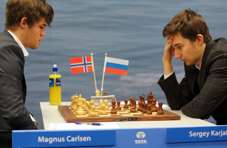Magnus Carlsen vs. Sergey Karjakin, Day 8, 2013 Tata Steel Chess Tournament, Photo Courtesy Official Website www.tatasteelchess.com