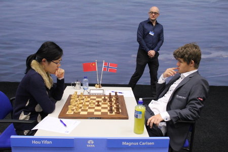 Hou Yifan vs. Magnus Carlsen, Day 9, 2013 Tata Steel Chess Tournament, Photo Courtesy Official Website www.tatasteelchess.com