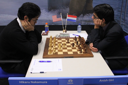 Hikaru Nakamura vs. Anish Giri, Day 9, 2013 Tata Steel Chess Tournament, Photo Courtesy Official Website www.tatasteelchess.com