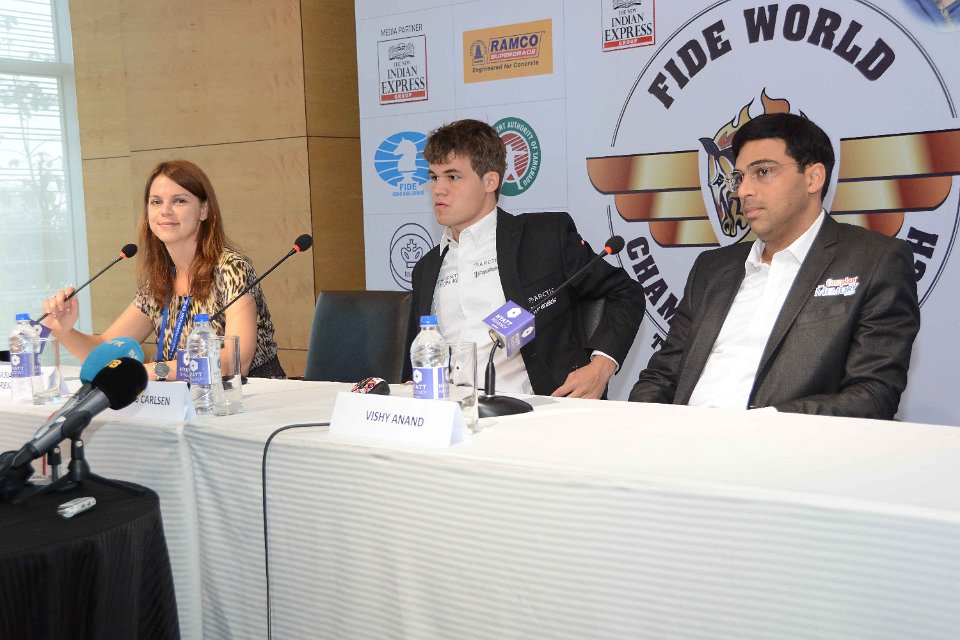 Carlsen and Anand Press Conference FIDE WCM; Photo Courtesy of FIDE.